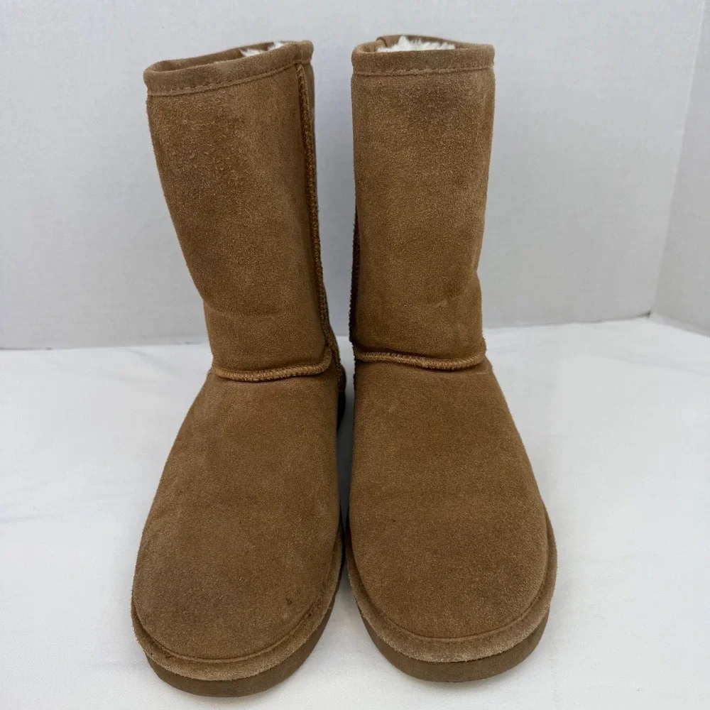 Bearpaw Emma Mid Calf Suede Boots Hickory Brown Sheepskin Lining Womens 10